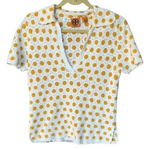 New Tory Burch Daisy Crochet Knit Floral Retro 70s Yellow White Top Blouse M